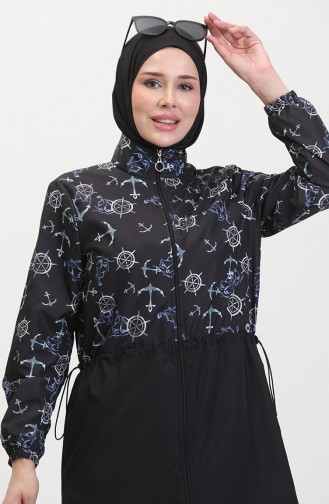 Maillot De Bain Hijab Taille Elastique à Motifs Ancre 5038-01 Noir Bleu 5038-01