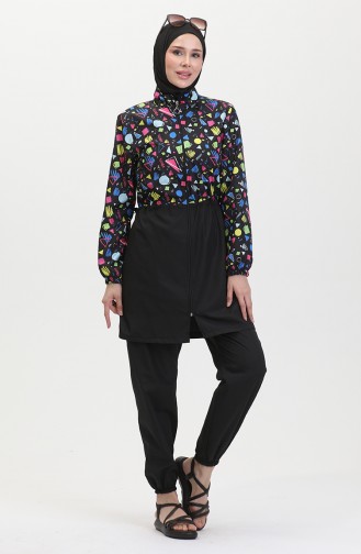 Maillot De Bain Hijab à Motif Géométrique Et Taille Elastique 5041-01 Noir 5041-01