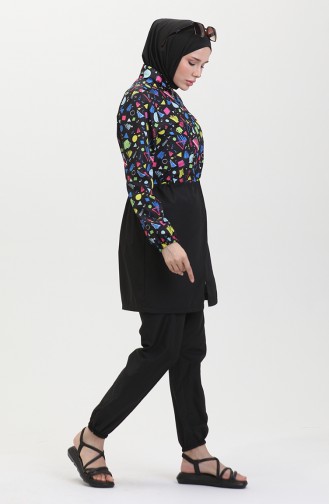 Maillot De Bain Hijab à Motif Géométrique Et Taille Elastique 5041-01 Noir 5041-01