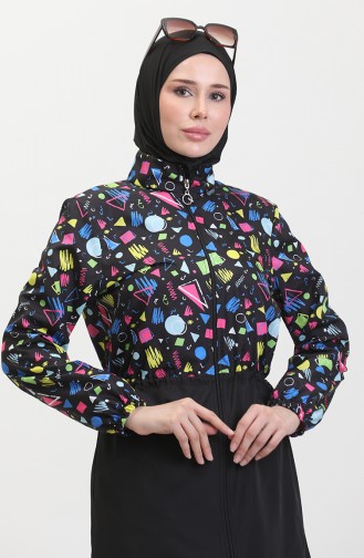 Maillot De Bain Hijab à Motif Géométrique Et Taille Elastique 5041-01 Noir 5041-01