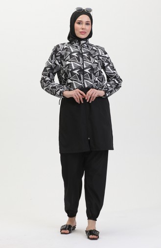 Melis Hijab-Badeanzug Mit Elastischer Taille 5042-01 Schwarz Weiß 5042-01