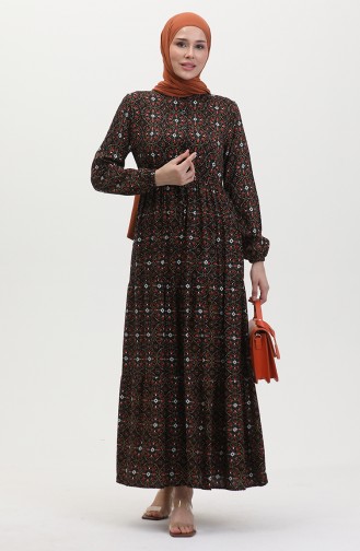 Gemustertes Viskosekleid Mit Knöpfen 0441-04 Schwarz Orange 0441-04