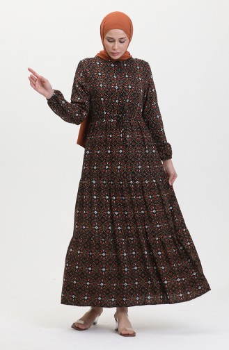Gemustertes Viskosekleid Mit Knöpfen 0441-04 Schwarz Orange 0441-04