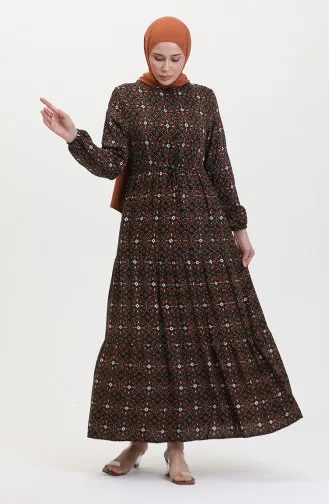 Desenli Düğmeli Viskon Elbise 0441-04 Siyah Turuncu