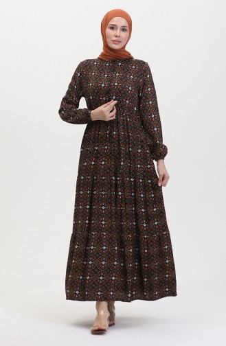 Gemustertes Viskosekleid Mit Knöpfen 0441-04 Schwarz Orange 0441-04