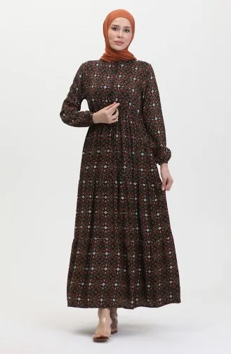 Desenli Düğmeli Viskon Elbise 0441-04 Siyah Turuncu