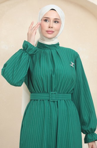 Çizgili Kemerli Elbise 0434-04 Yeşil