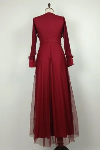 Drape Detaylı Tül Elbise Bordo 7676