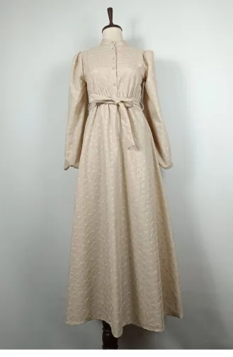 Sash Detailed Brode Dress Beige 7875 1350