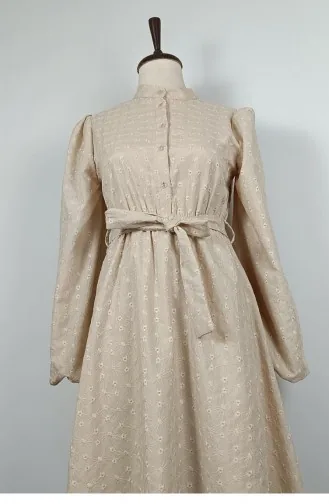 Sash Detailed Brode Dress Beige 7875 1350
