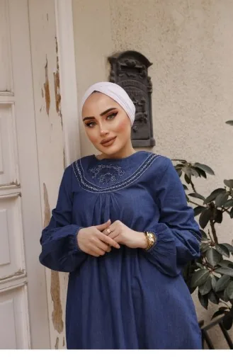 Dark Denim Hijab Dress With White Embroidery Detail 183