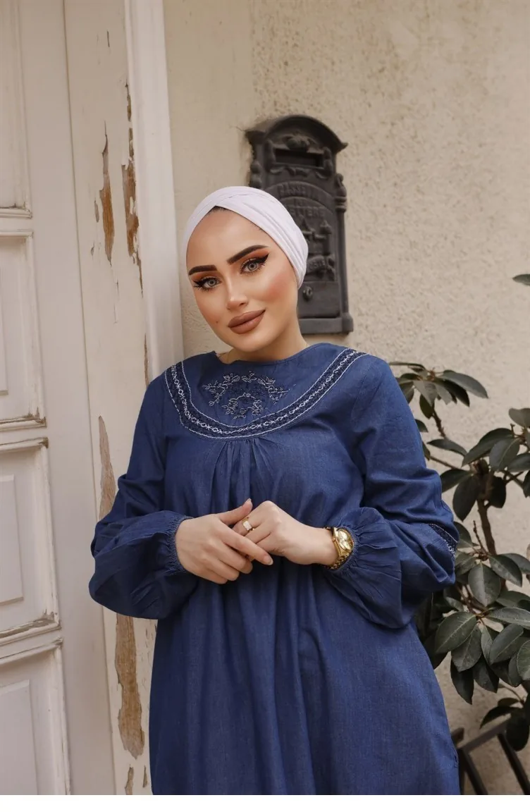 Dark Denim Hijab Dress With White Embroidery Detail 183