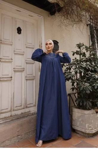 Dark Denim Hijab Dress With White Embroidery Detail 183