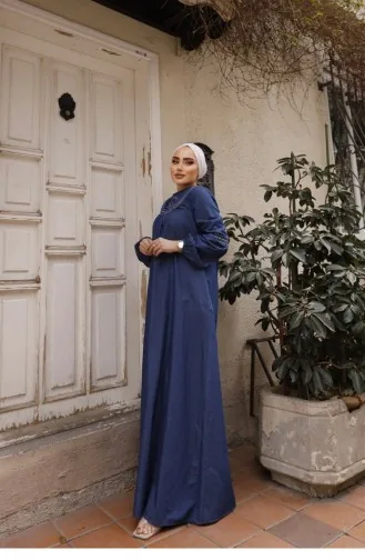 Dark Denim Hijab Dress With White Embroidery Detail 183