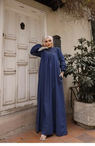 Dark Denim Hijab Dress With White Embroidery Detail 183