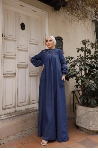 Dark Denim Hijab Dress With White Embroidery Detail 183