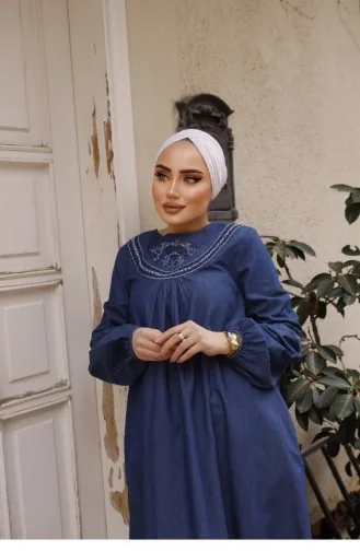 Dark Denim Hijab Dress With White Embroidery Detail 183