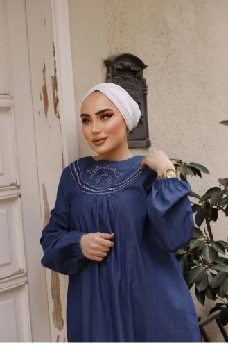 Dark Denim Hijab Dress With White Embroidery Detail 183