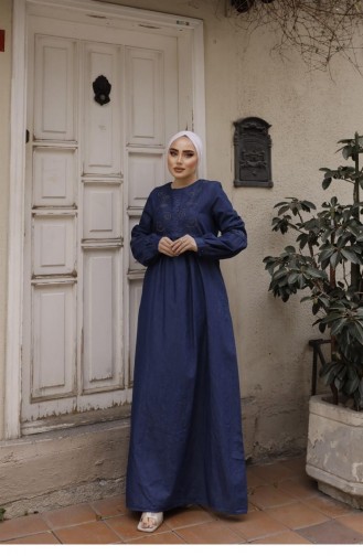 Robe En Jean Foncé Hijab Avec Détails De Perles 305