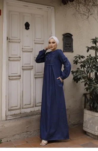 Robe En Jean Foncé Hijab Avec Détails De Perles 305