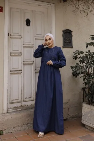Robe En Jean Foncé Hijab Avec Détails De Perles 305