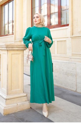 Grünes Hijab-Kleid Mit Gürteldetail 314