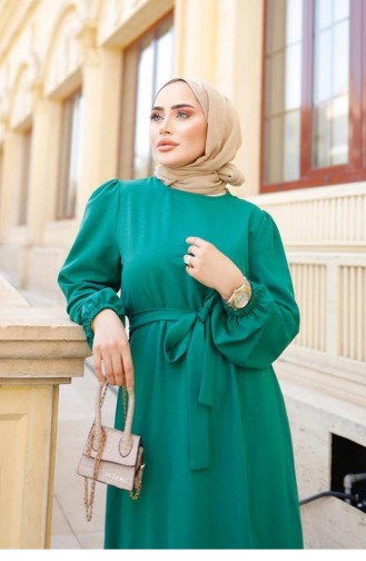 Grünes Hijab-Kleid Mit Gürteldetail 314