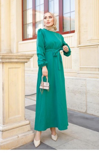 Grünes Hijab-Kleid Mit Gürteldetail 314