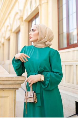 Grünes Hijab-Kleid Mit Gürteldetail 314
