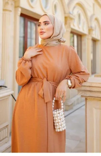 Robe Hijab Saumon Détail Ceinture 315