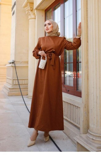 Robe Hijab Marron Détail Ceinture 317