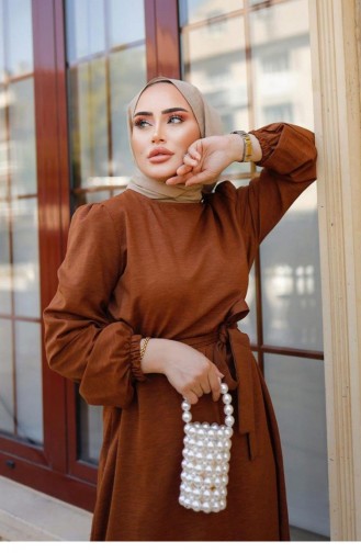 Robe Hijab Marron Détail Ceinture 317