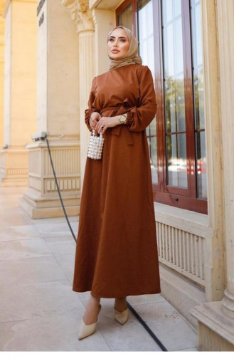 Robe Hijab Marron Détail Ceinture 317