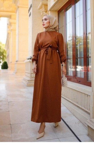 Robe Hijab Marron Détail Ceinture 317