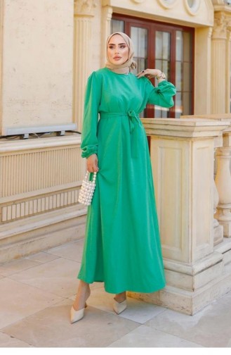 Robe Hijab Vert Clair Détail Ceinture 318