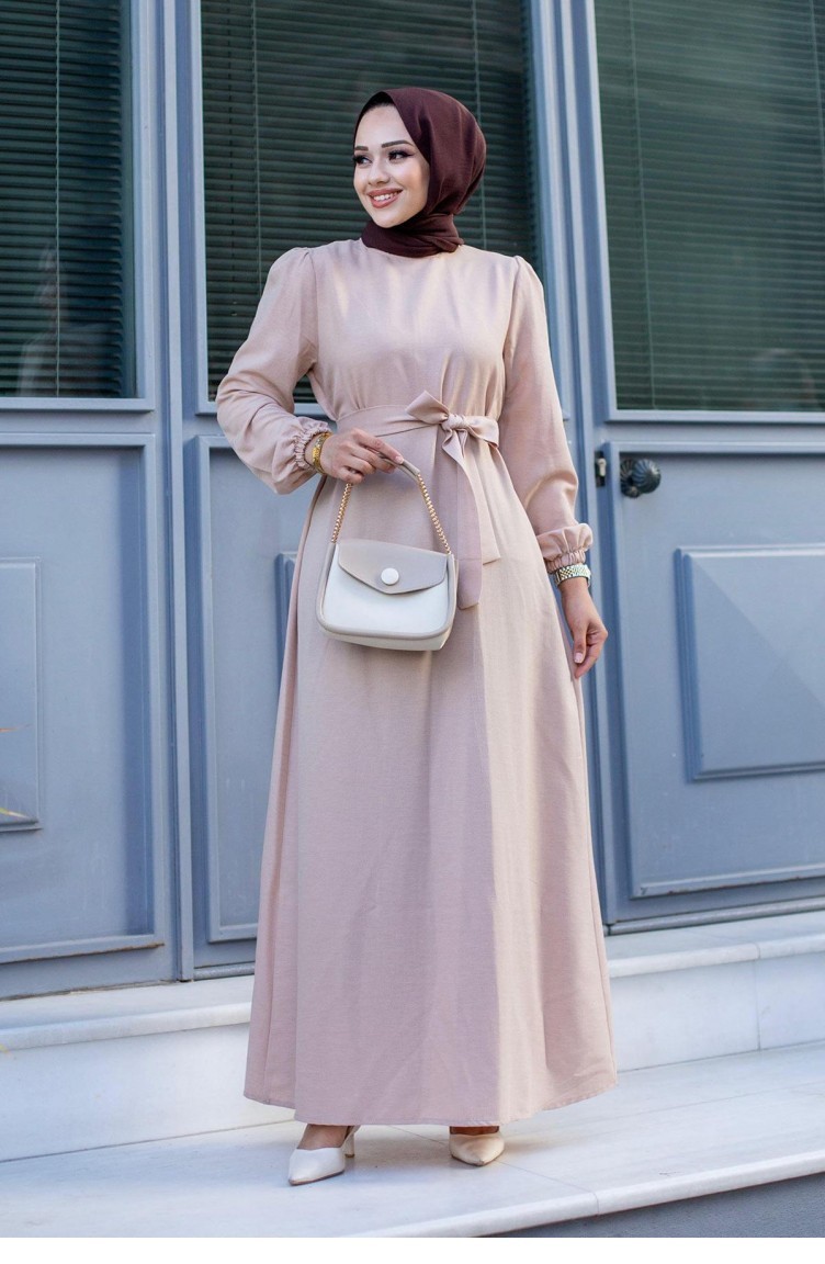 Robe Hijab Saumon Clair Detail Ceinture 319 Sefamerve