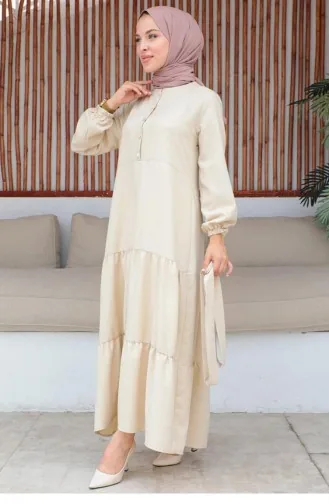Button Detailed Hijab Beige Dress 330