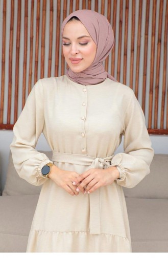 Robe Hijab Beige Détail Boutonnée 330