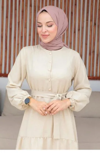 Button Detailed Hijab Beige Dress 330