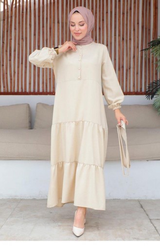 Robe Hijab Beige Détail Boutonnée 330