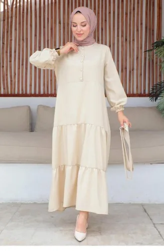 Button Detailed Hijab Beige Dress 330