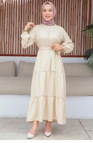 Button Detailed Hijab Beige Dress 330