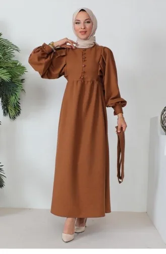 Button Detailed Hijab Brown Dress 346