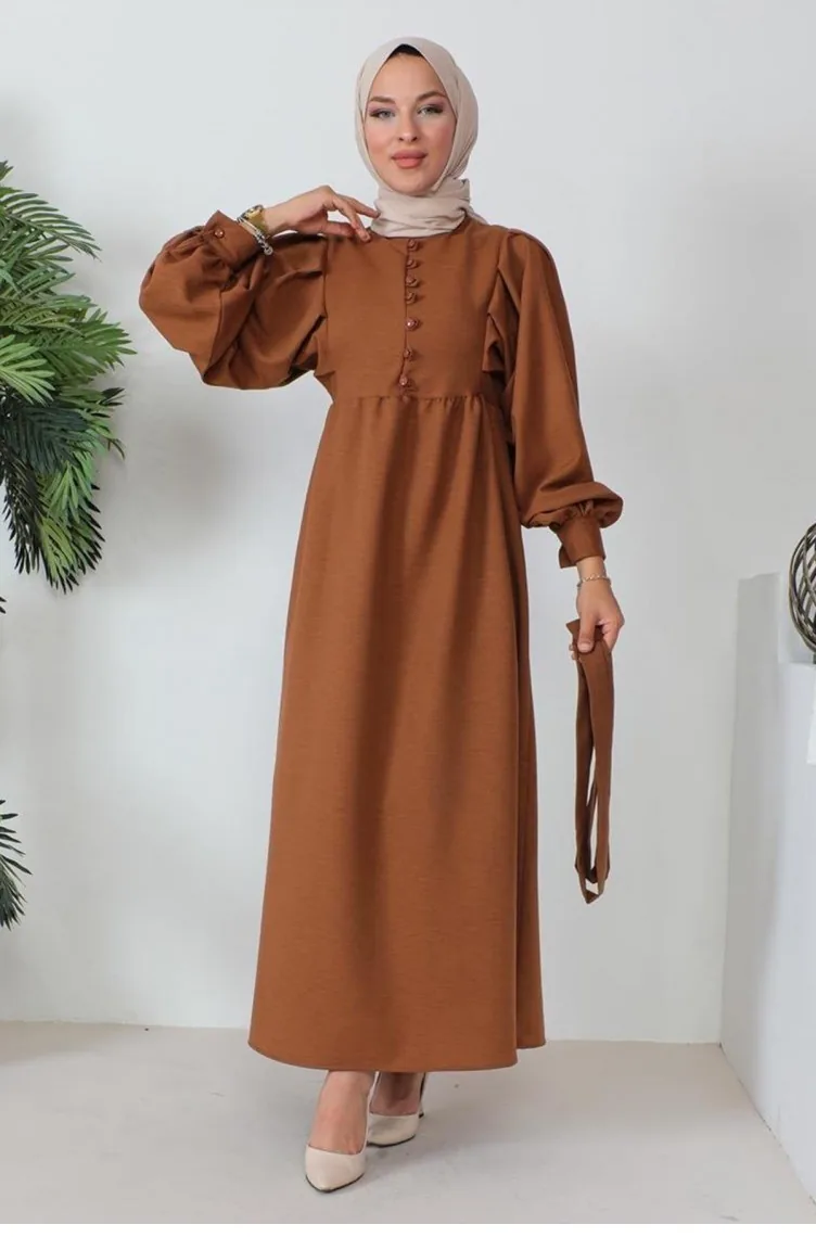 Button Detailed Hijab Brown Dress 346