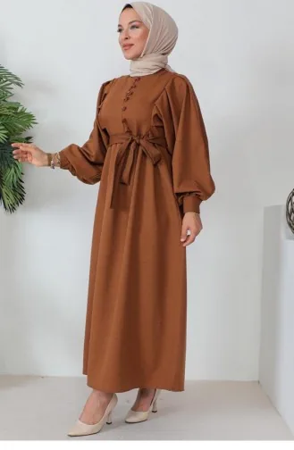 Button Detailed Hijab Brown Dress 346
