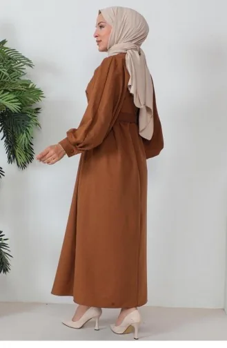 Button Detailed Hijab Brown Dress 346