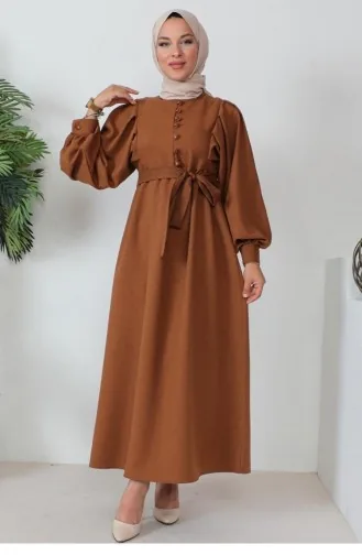 Button Detailed Hijab Brown Dress 346
