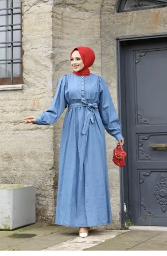 Şerit Detaylı Tesettür Açık Kot Elbise