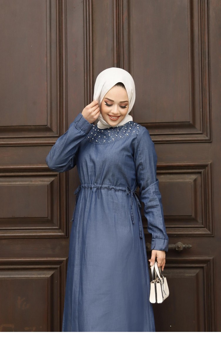 Robe En Jean Fonce Hijab Avec Details De Perles 367 Sefamerve