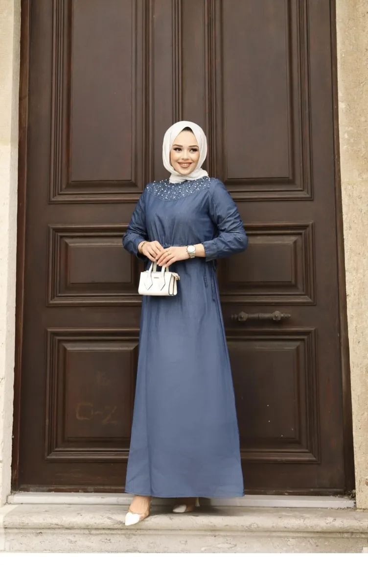 Robe Jean Et Voile à Pois Bleu Foncé Taille 36 - Style évasé, Manches 3/4, Mi-longue, Occasion